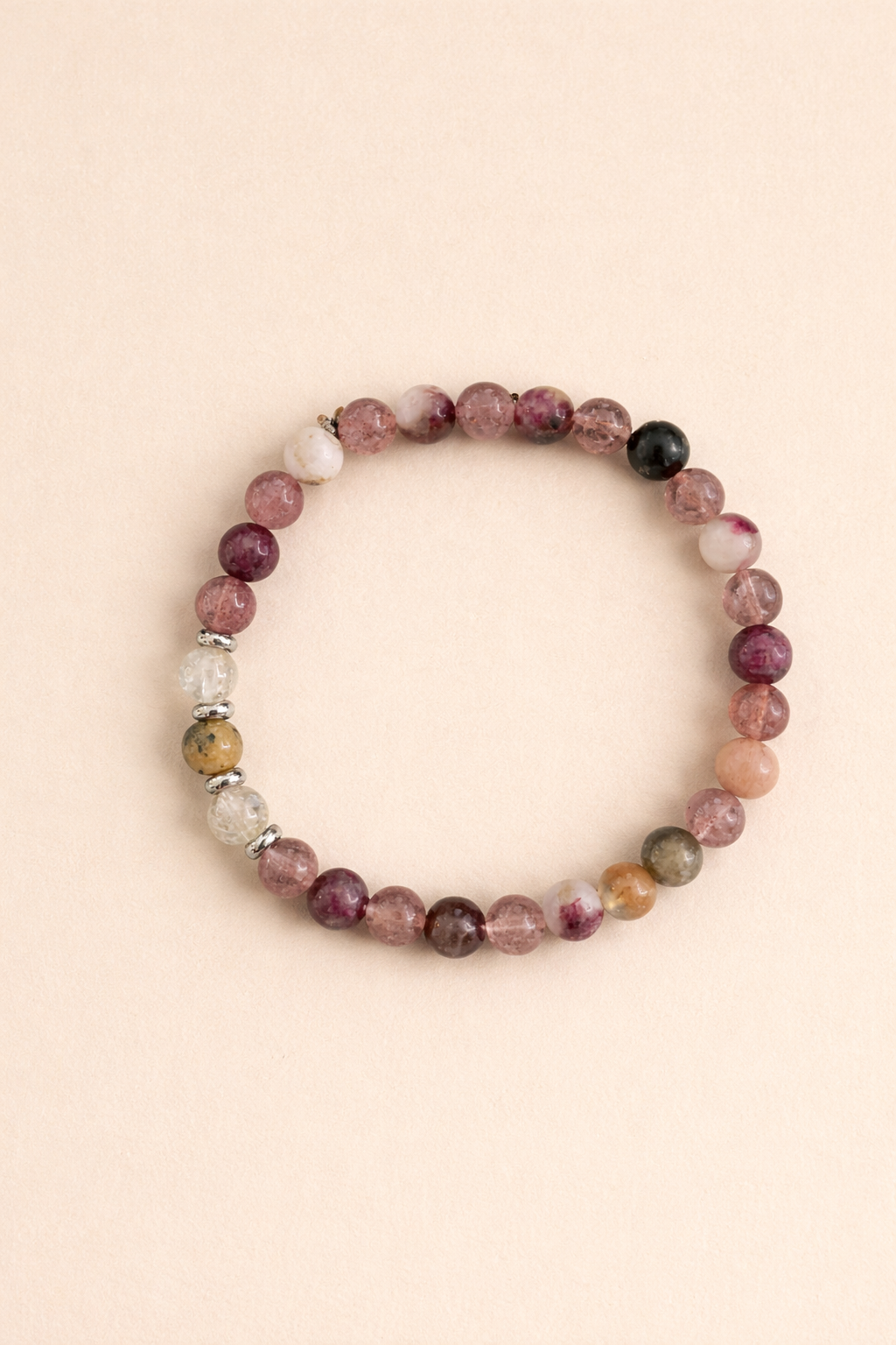 Bracelet quartz rose, rhodonite, cristal de roche