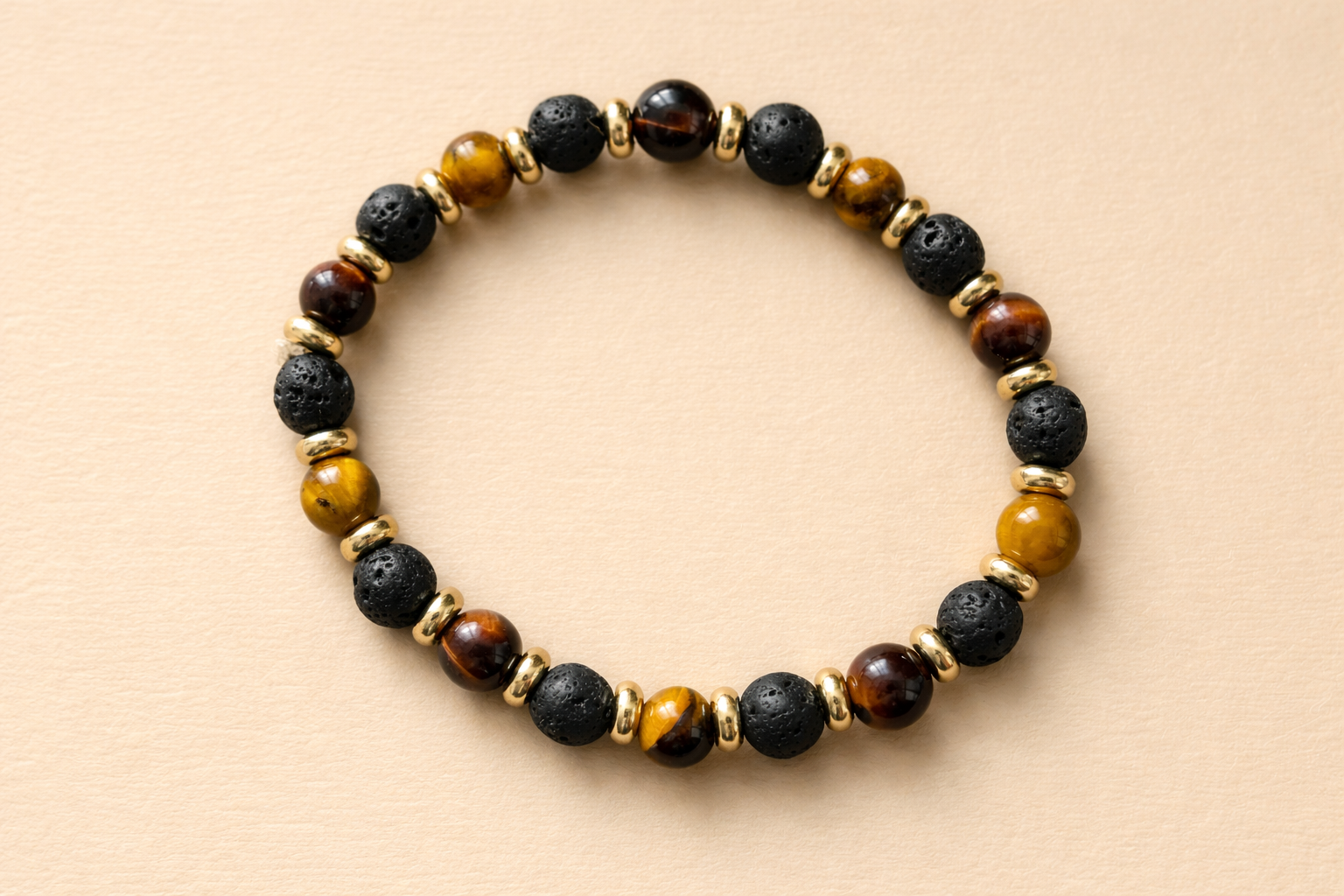 Bracelet Œil de Taureau, Pierre de Lave & Intercalaires dorés – 6 mm