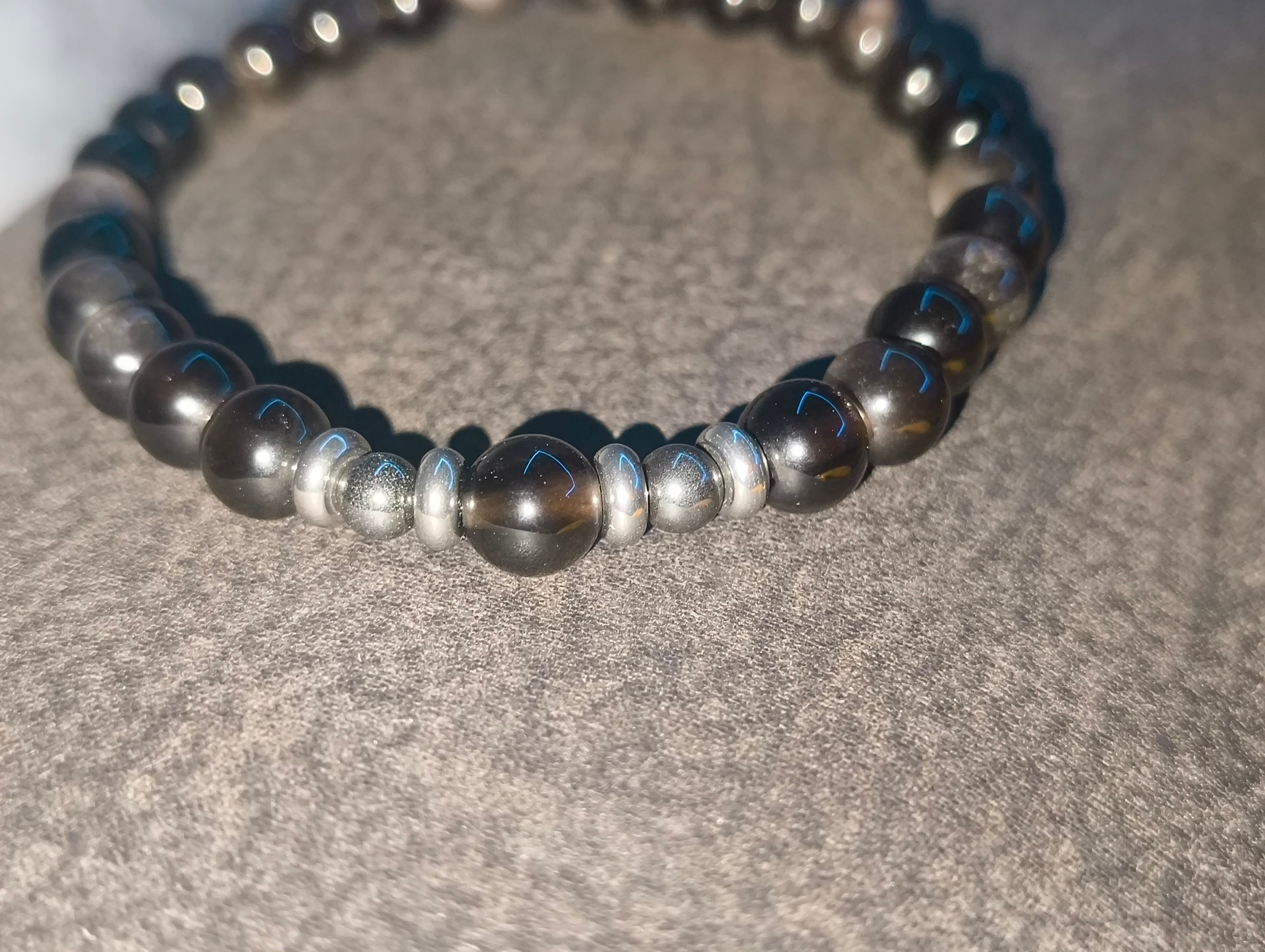 Bracelet Obsidienne Argentée – 6 mm